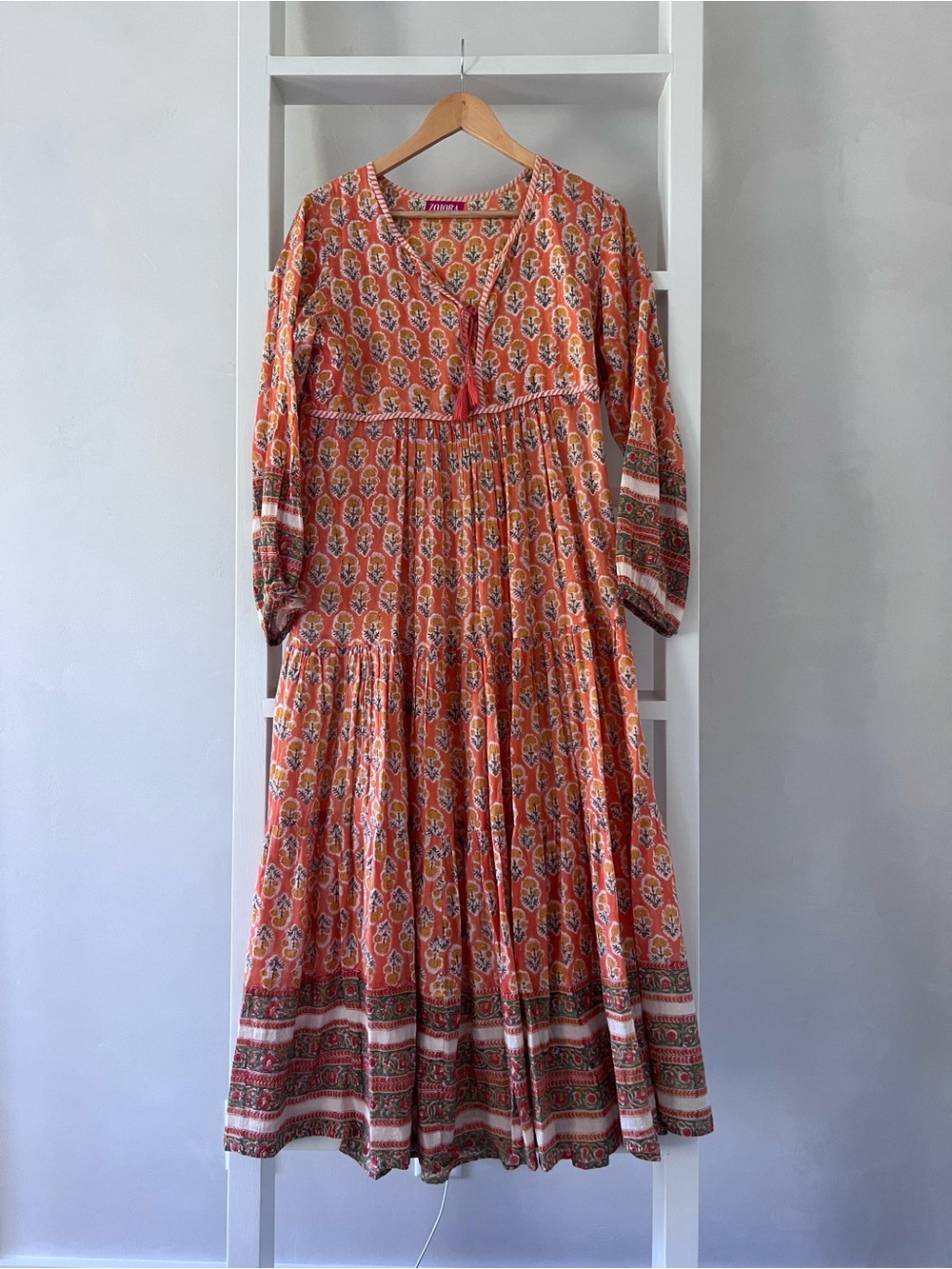 Zojora Indian print cotton Candice Orange Floral Maxi Dress with Tassel Tie